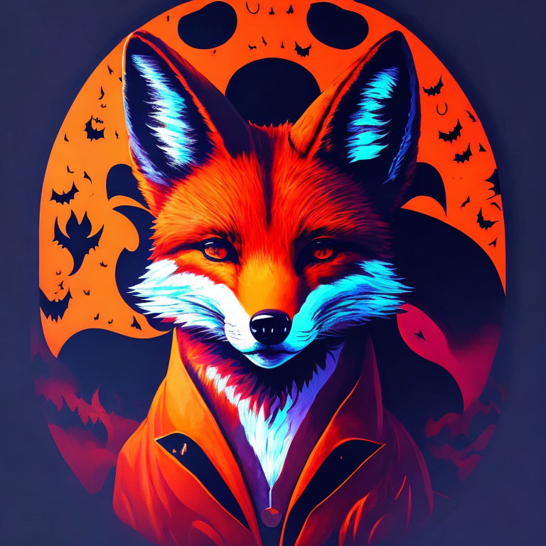 Stylized fox in coat against moon with bat silhouettes