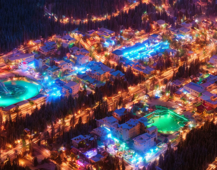 Snow-covered village with vibrant Christmas lights in pine forest