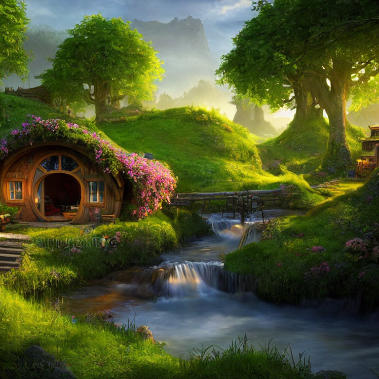 Quaint hobbit-style house by babbling brook and wooden bridge