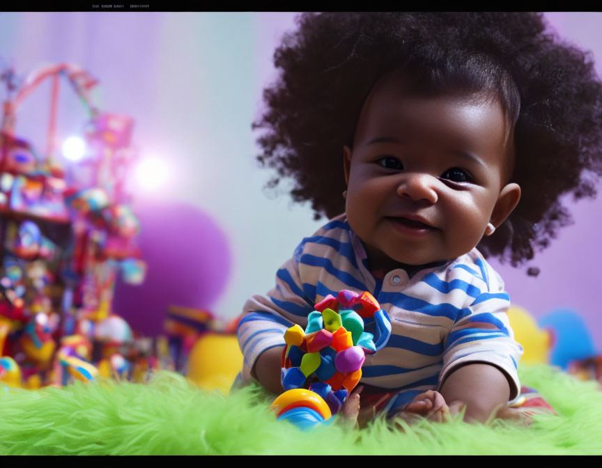 Smiling baby with fluffy hair on green furry surface holding colorful toy