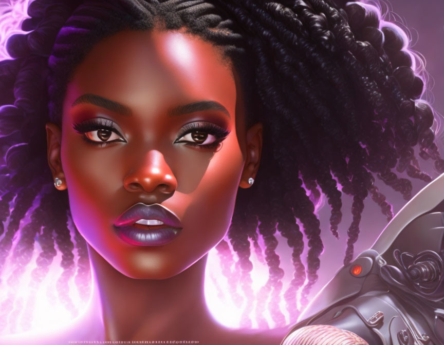 Digital artwork of woman with dark skin, braided hair, pink light, and futuristic shoulder armor.