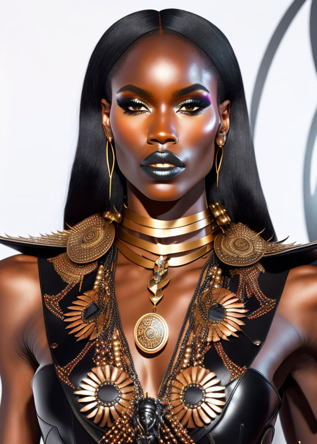 Deep-skinned woman with dramatic makeup and gold jewelry on light background