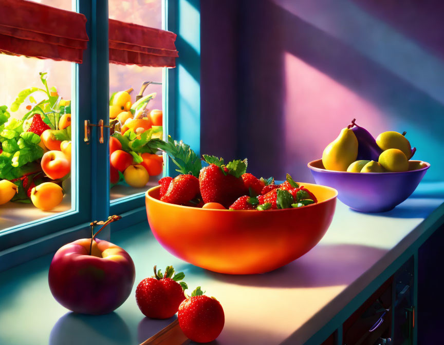 Natural sunlight on kitchen counter with fresh fruit bowls