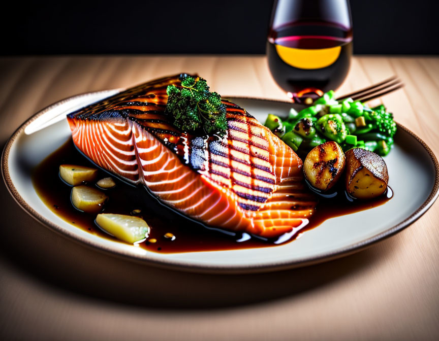 Grilled Salmon Fillet with Glaze, Broccoli, Peas, Garlic, Sauce, and