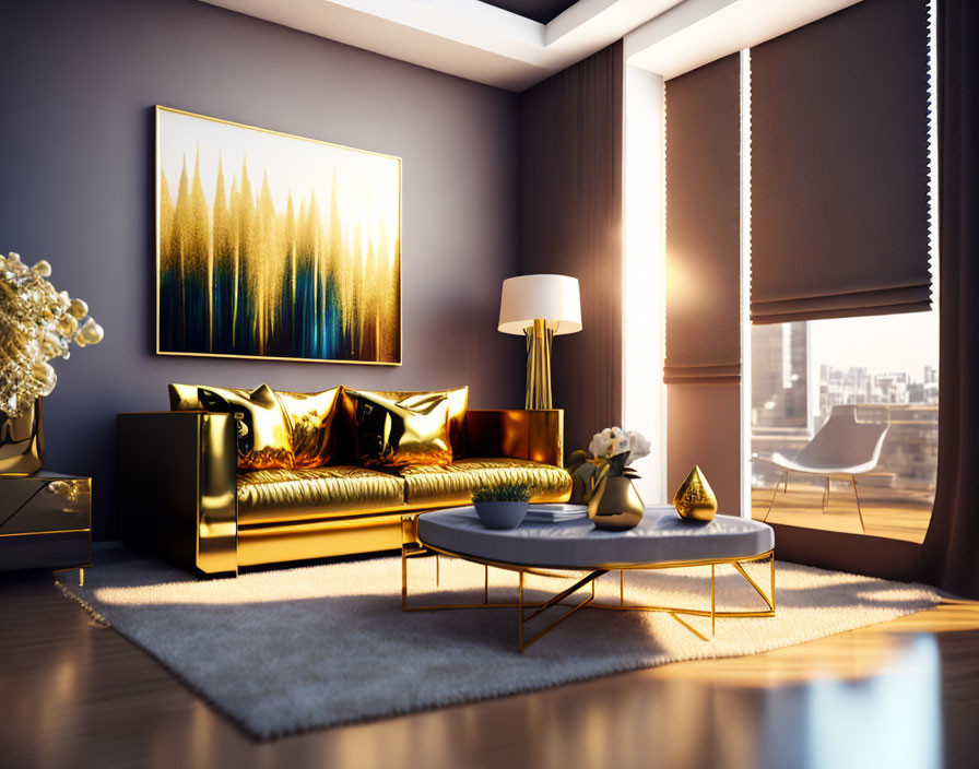 Stylish living room with golden sofa, abstract art, sleek furniture, and city view.