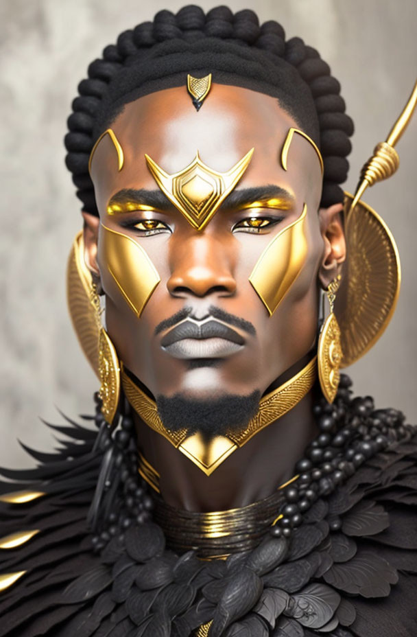 Regal man with golden facial ornaments and textured black neckwear