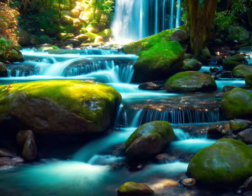 Tranquil forest waterfall with sunlight filtering through trees