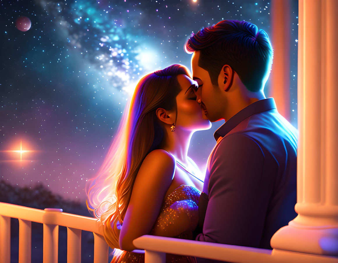 Couple Embracing on Balcony Under Starry Night Sky