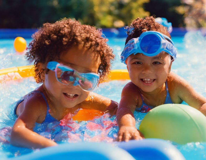 Children playing in pool with colorful floats and balls