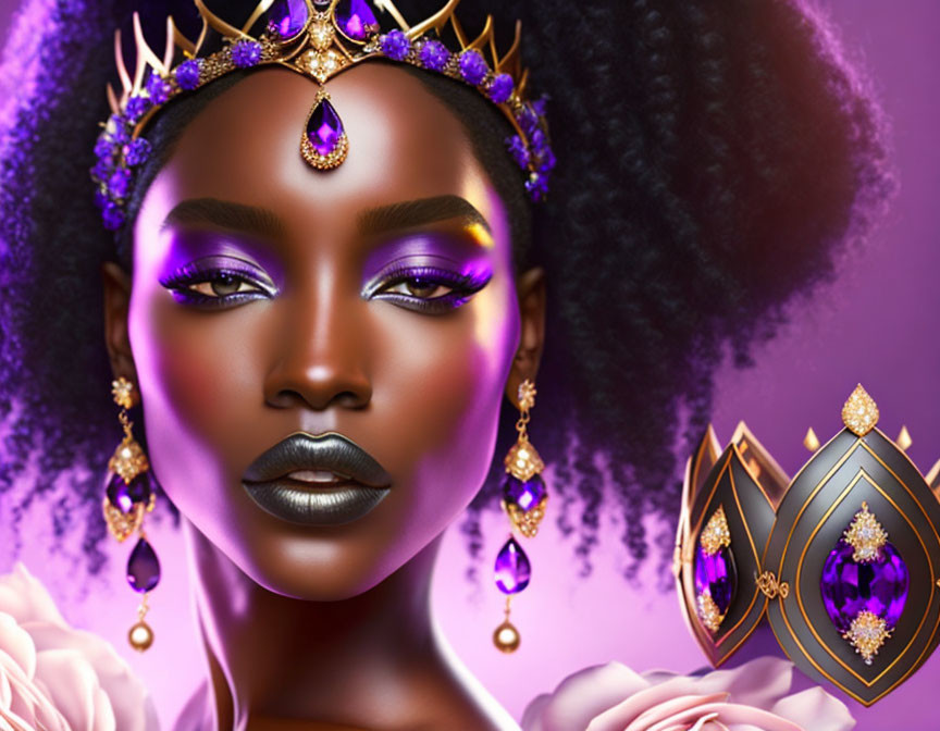 Digital illustration: Dark-skinned woman with regal crown and purple makeup on purple background