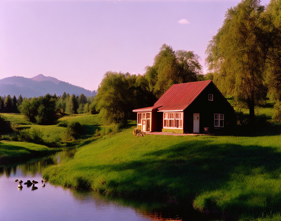 Tranquil countryside landscape with small house, pond, ducks, lush greenery, and distant mountains