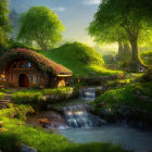 Quaint hobbit-style house by babbling brook and wooden bridge