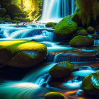 Tranquil forest waterfall with sunlight filtering through trees