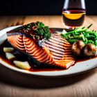 Grilled Salmon Fillet with Glaze, Broccoli, Peas, Garlic, Sauce, and