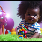 Smiling baby with fluffy hair on green furry surface holding colorful toy