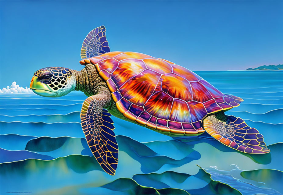 Colorful sea turtle painting with intricate shell patterns swimming in ocean waves