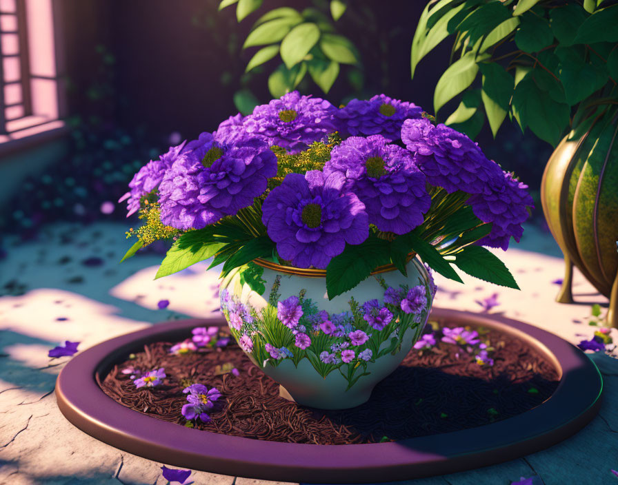 Colorful 3D rendering of purple hydrangeas in decorative pot with lush foliage.