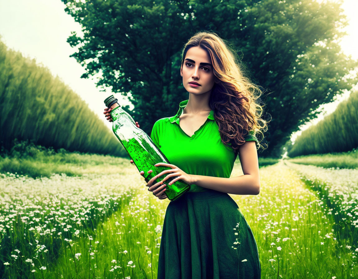 Woman in Green Dress Holding Bottle in Lush Meadow