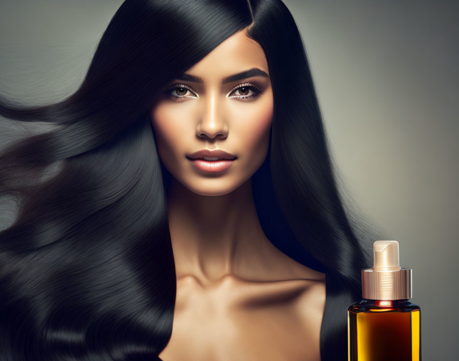 Stylized image: Woman with shiny hair by haircare product