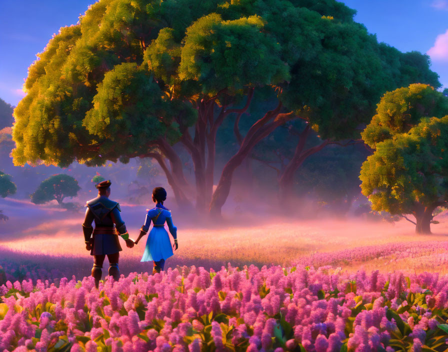 Animated characters holding hands in dreamy sunset landscape