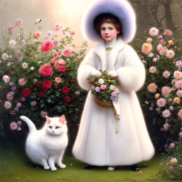 Girl in White Fur Coat with Flowers Basket and White Cat Among Roses