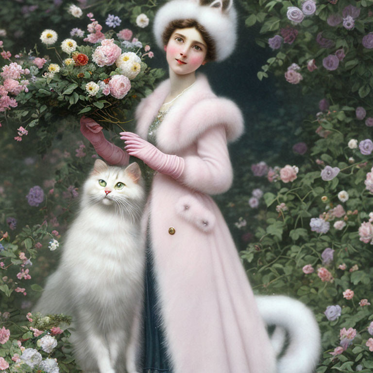 Vintage Pink Dress Woman with White Cat in Greenery