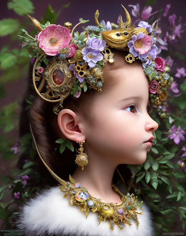 Profile view of a young girl in floral and gold jewelry on purple floral backdrop