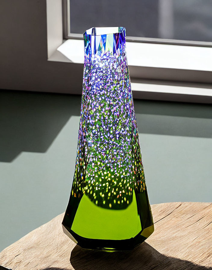 Colorful Glass Vase with Green Base Transitioning to Purple and White Speckles in Sunlight