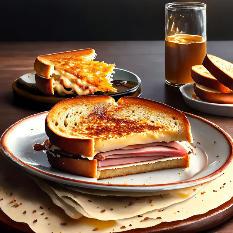 Melting cheese and ham grilled sandwich with iced tea on plate