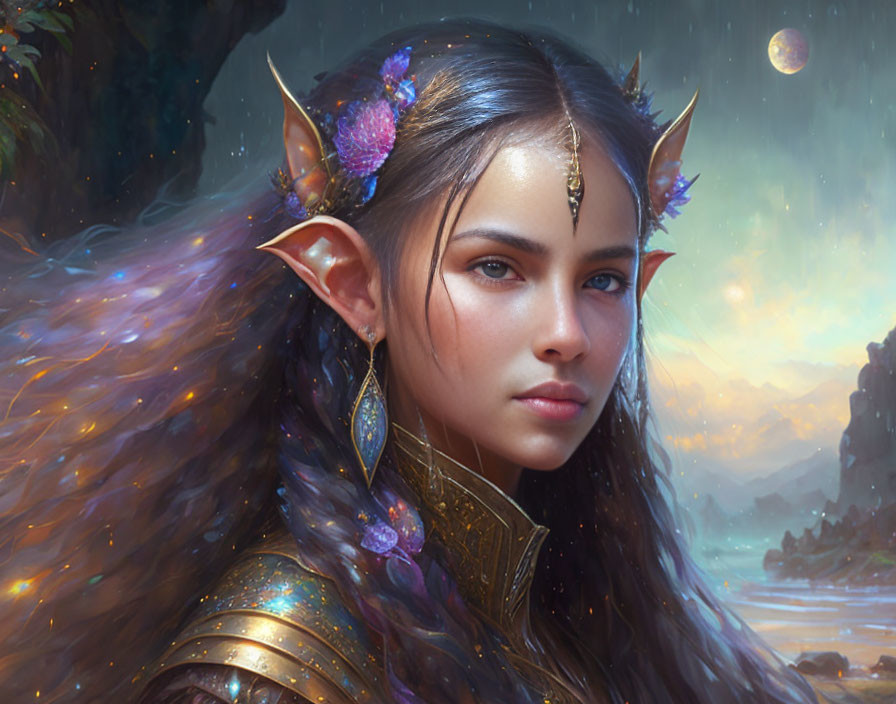 Female elf portrait with pointed ears, blue eyes, golden armor, and purple flowers