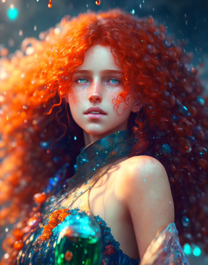 Voluminous Curly Red Hair and Blue Eyes in Mystical Portrait