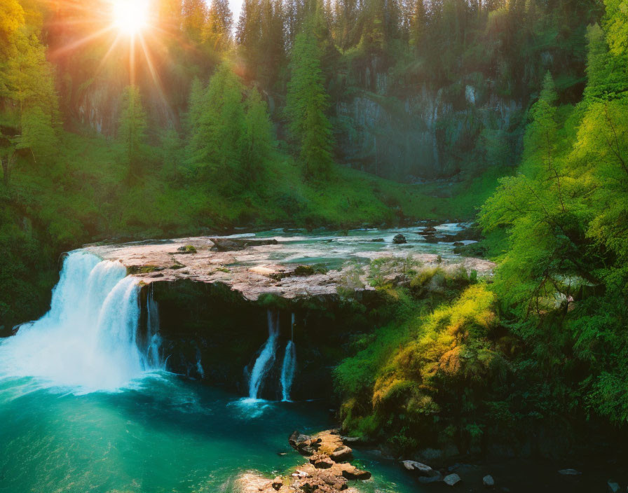 Serene sunrise over vibrant waterfall in forest landscape