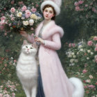 Vintage Pink Dress Woman with White Cat in Greenery