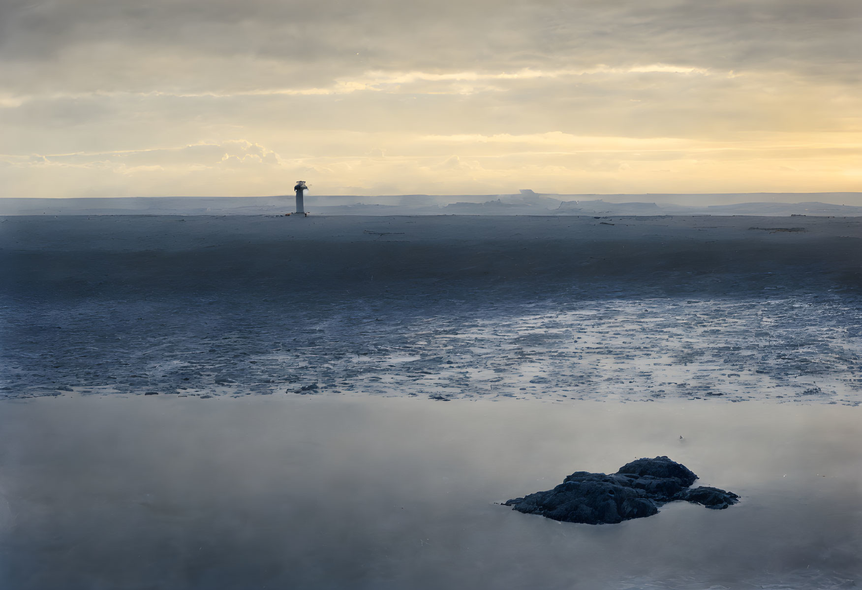 Lonesome lighthouse in misty seascape with dramatic sky and rock formation