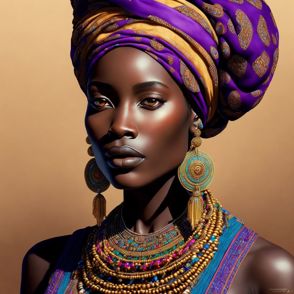 Woman with Striking Makeup in Purple Headwrap and Beaded Necklaces