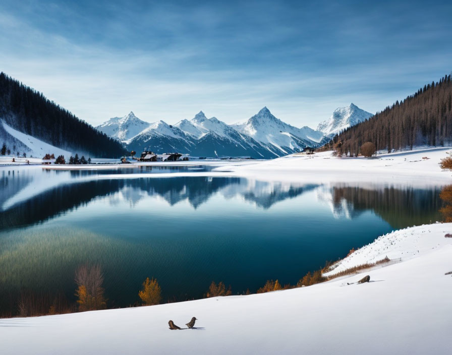 Snowy Shores and Blue Lake Reflecting Mountains in Tranquil Winter Scene