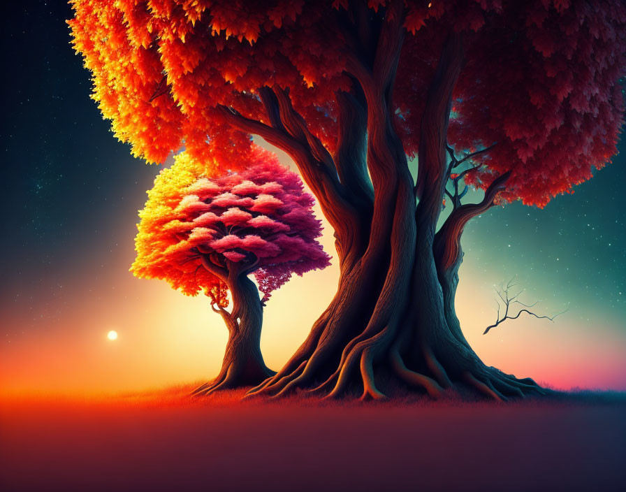 Vibrant orange-red trees under starry sky with setting sun casting warm glow