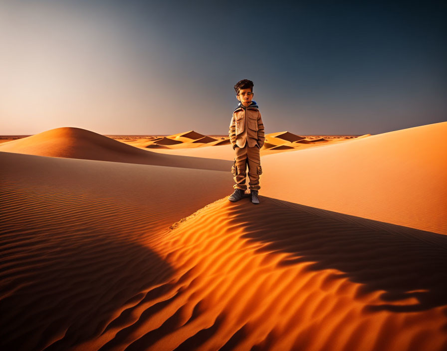 Young boy on smooth sand dune under clear sky at sunrise or sunset