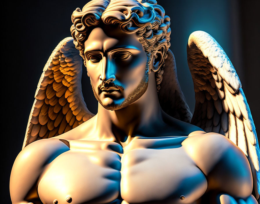 Muscular angelic figure with detailed wings in 3D render