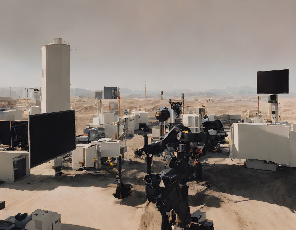 Desert industrial robotics testing site with multiple robotic arms and equipment