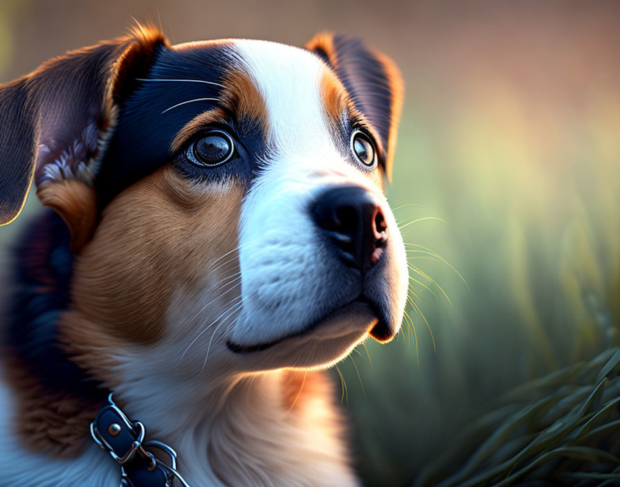 Tricolor dog with contemplative expression in soft golden light