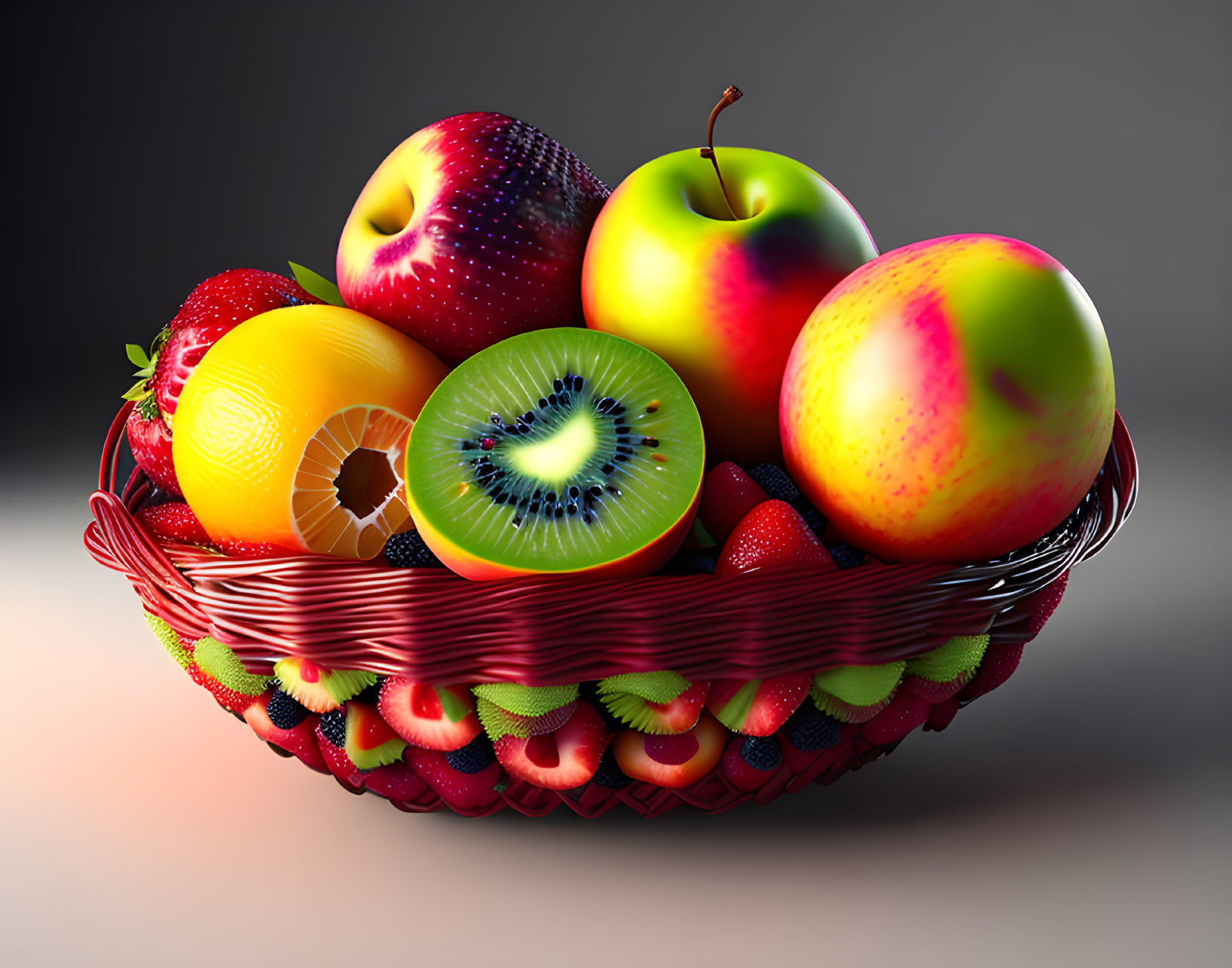 Colorful Fruit Basket with Apples, Strawberries, Kiwi, and Citrus on Shaded