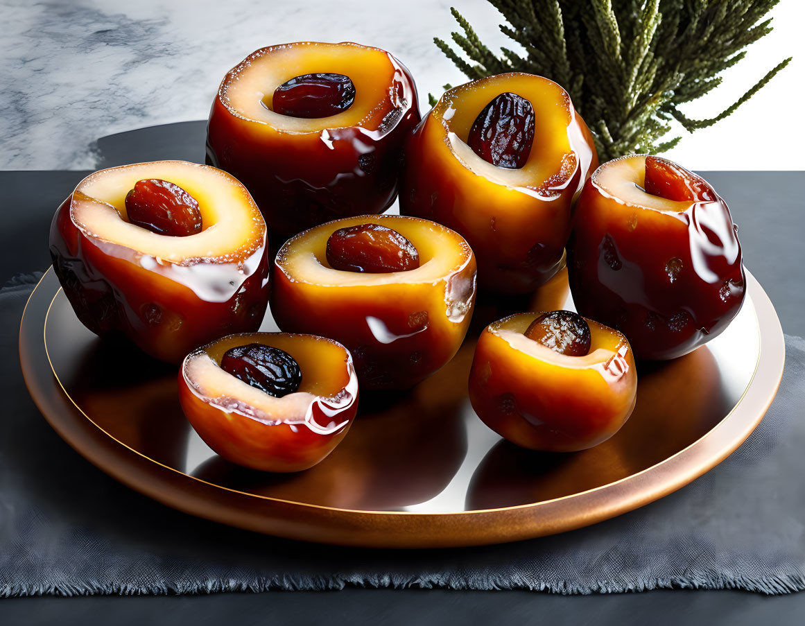 Caramel-Glazed Baked Apples with Dried Fruits on Marbled Surface