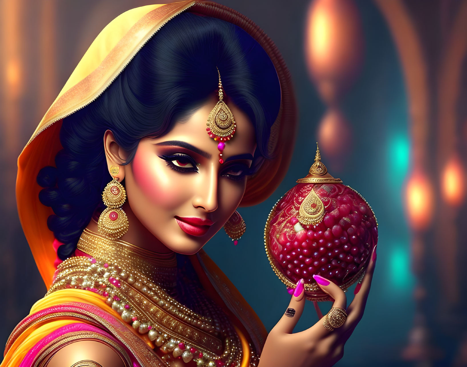 Traditional Indian Attire Woman Holding Ornate Lamp Illustration