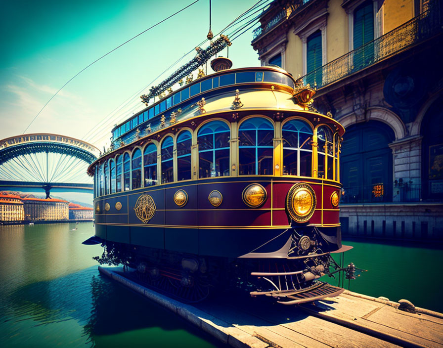 Vintage Tram by Water Canal and Bridge on Clear Sky Day