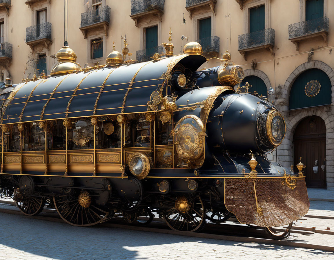 Intricate Black and Gold Steam Locomotive in Historic Setting