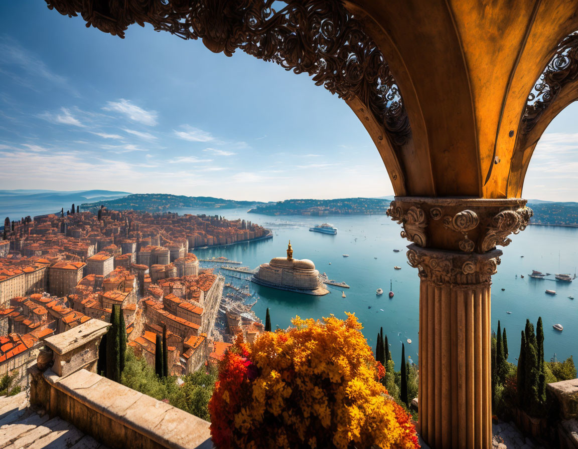 Coastal City with Orange Rooftops and Stone Balcony View