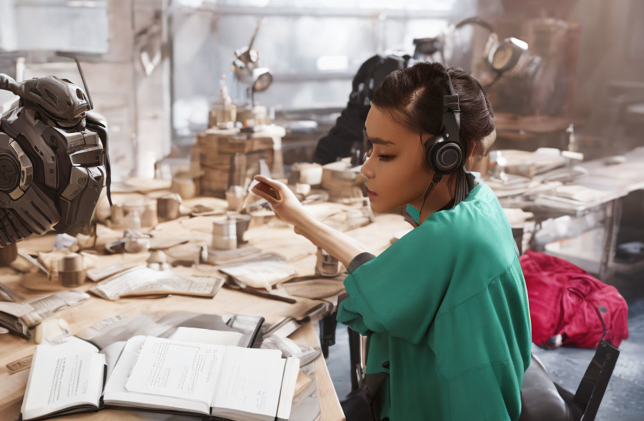 Woman with headphones studies robotic head in cluttered workshop