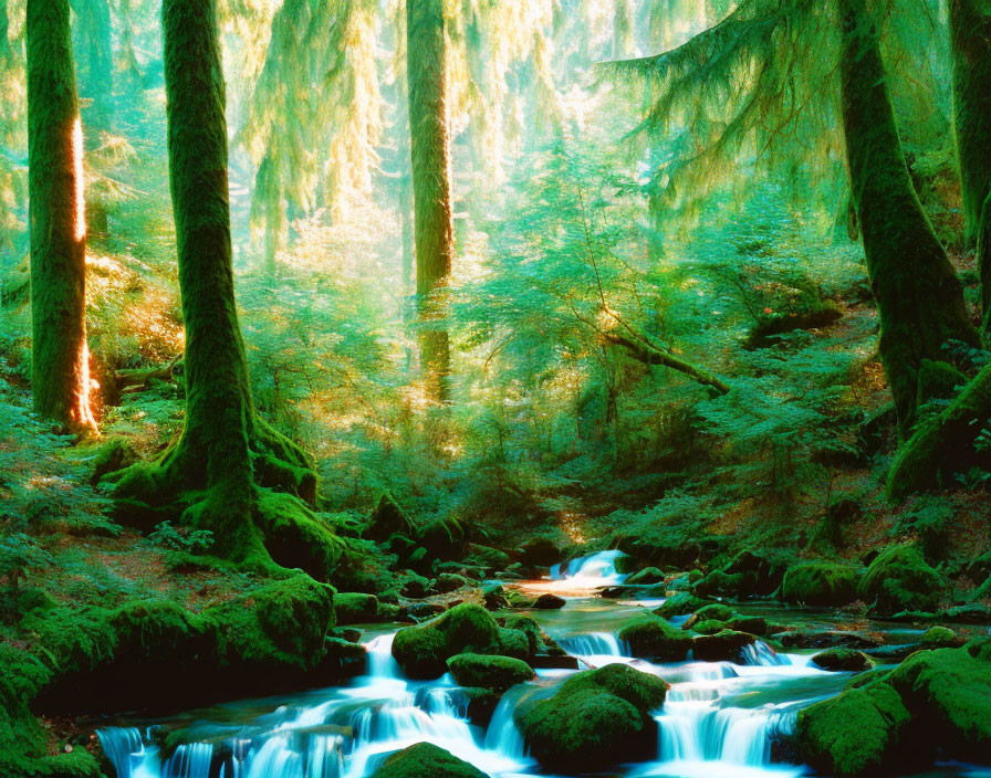 Lush Green Enchanted Forest with Serene Stream