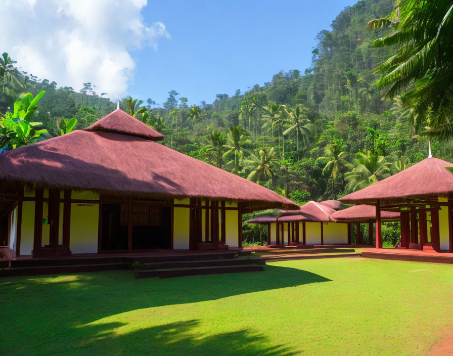 Thatched-Roof Buildings in Lush Greenery with Tropical Trees